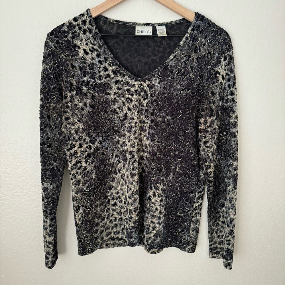 Vintage Y2K Chicos Womens Cheetah Print Blouse Longsleeve V-Neck Size Medium